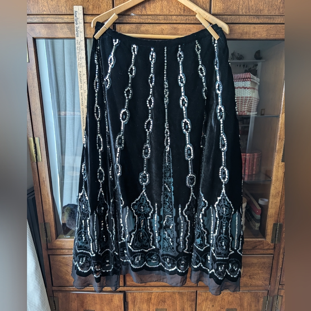 Witchy Skirt - Long Black Velvet Burnout w/ Sequins & Green/Teal Lining